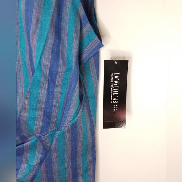 Lafayette 148 Blue Turquoise Stripe Sleeveless Tie Waist Buttonfront Top 12 NWT - Picture 6 of 14